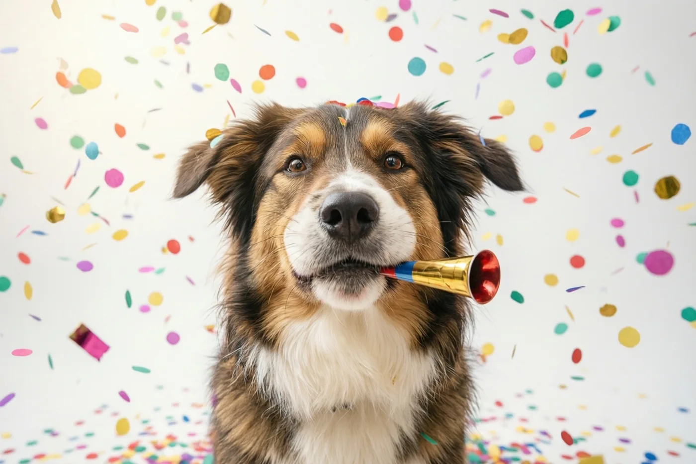 Een hond met bruine, zwarte en witte vacht houdt een feesttoeter in de bek en kijkt recht in de camera, met vallende kleurrijke confetti tegen een witte achtergrond.