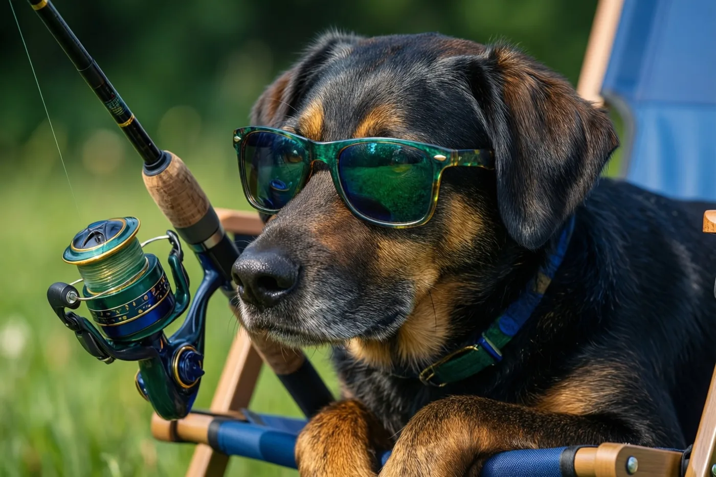 Een zwart-bruine hond met een groen getinte zonnebril ligt in een blauwe houten ligstoel op zonnig gras, met een hengel ernaast.