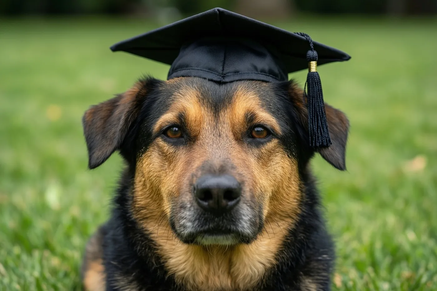 Een hond met een zwarte en bruine vacht zit op een groen gazon met een kleine zwarte afstudeerhoed met kwastje op zijn kop.