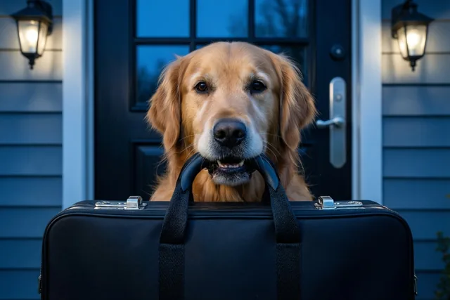 Een golden retriever houdt een zwarte aktetas in zijn bek voor een donkere voordeur, met warm licht bij de ingang en blauwe avondtinten.