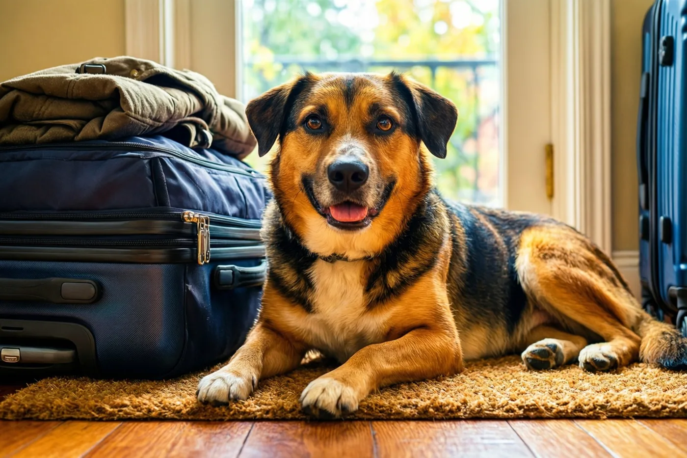 Een bruin-zwarte hond ligt op een bruine deurmat naast een blauwe koffer met een jas erop, bij een raam met natuurlijk licht.