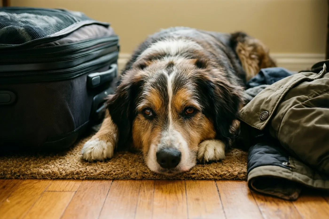 Een driekleurige hond ligt op een bruine deurmat naast een zwarte koffer en een opgevouwen olijfgroene jas, op een houten vloer voor een beige muur.