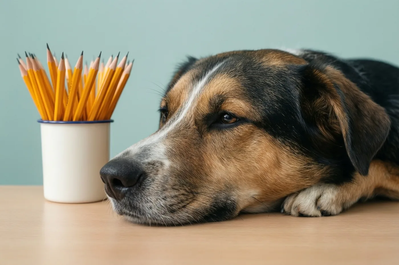 Een bruin-zwart-witte hond rust met zijn kop op een licht houten bureau naast een witte beker met geslepen gele potloden, tegen een lichtblauwe muur.