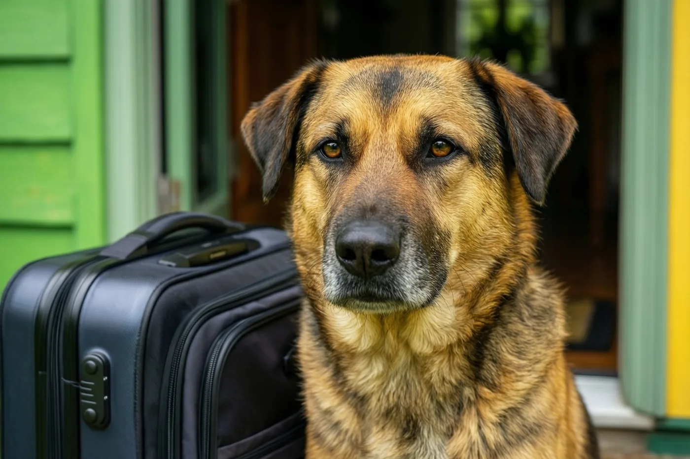 Een bruin-zwarte hond zit naast een zwarte koffer bij een open voordeur tegen de groen-gele buitenkant van een huis.