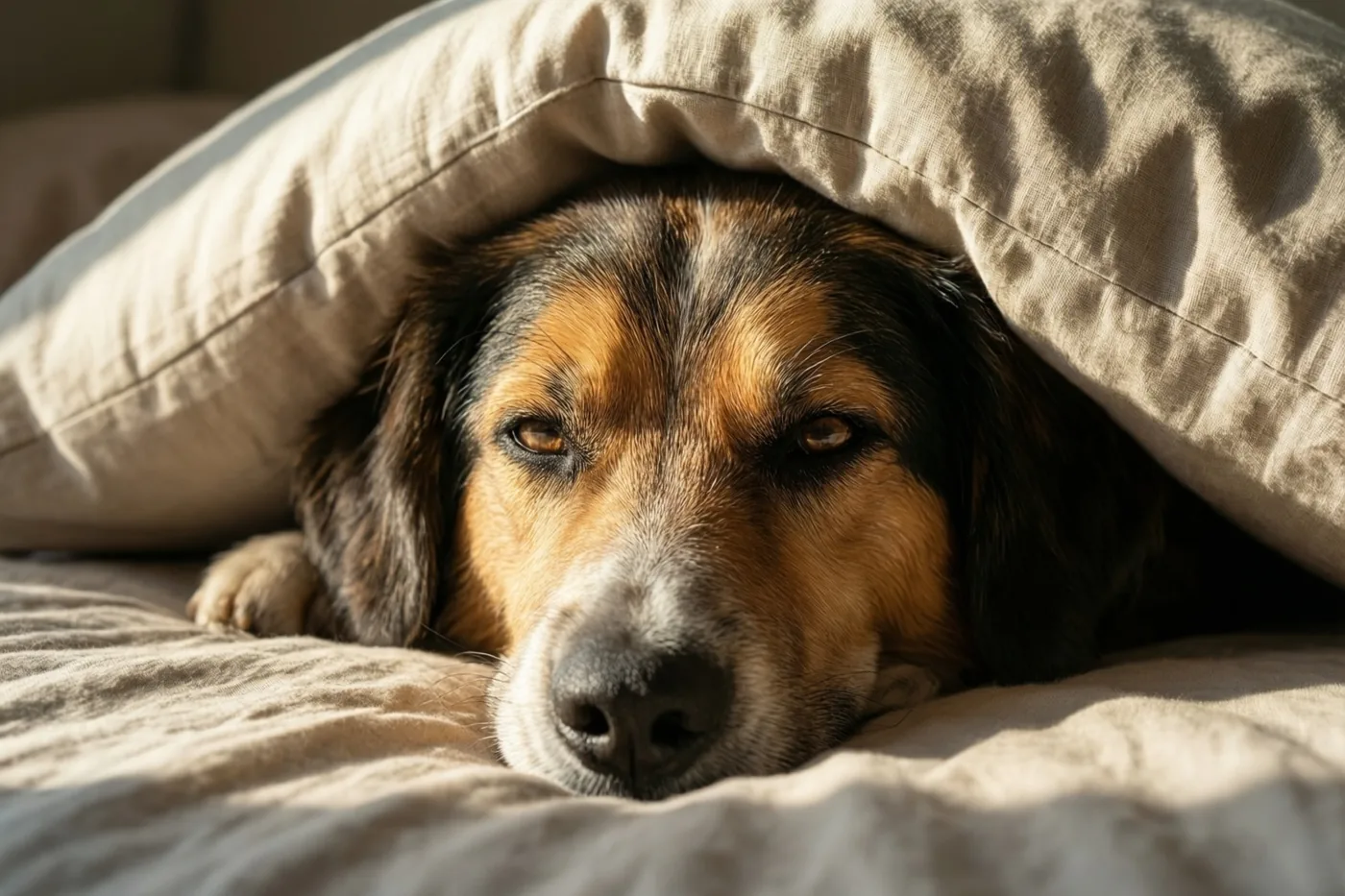 Een bruin-zwarte hond ligt op een beige bedsprei met zijn kop deels onder een beige kussen, in warm ochtendlicht.