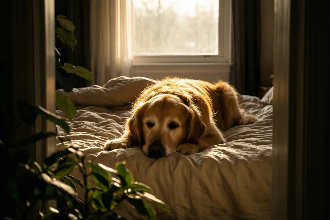Een golden retriever legt zijn kop op een verkreukeld beige dekbed in warm zonlicht dat door een raam valt, met groen gebladerte op de voorgrond.