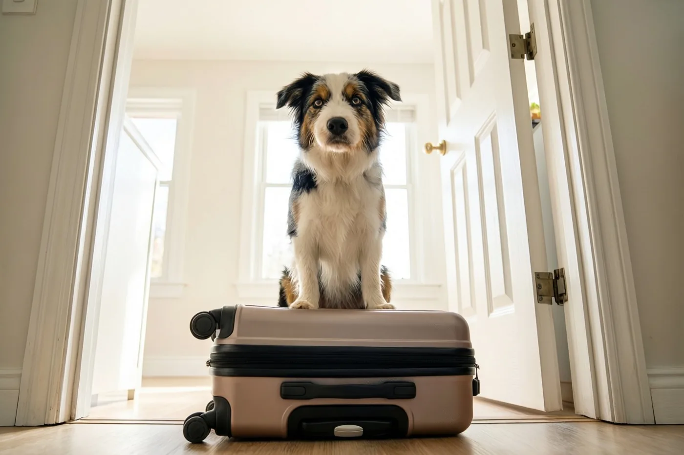 Een driekleurige hond zit op een beige koffer in een deuropening en kijkt vooruit, in een lichte kamer met witte muren en een houten vloer.