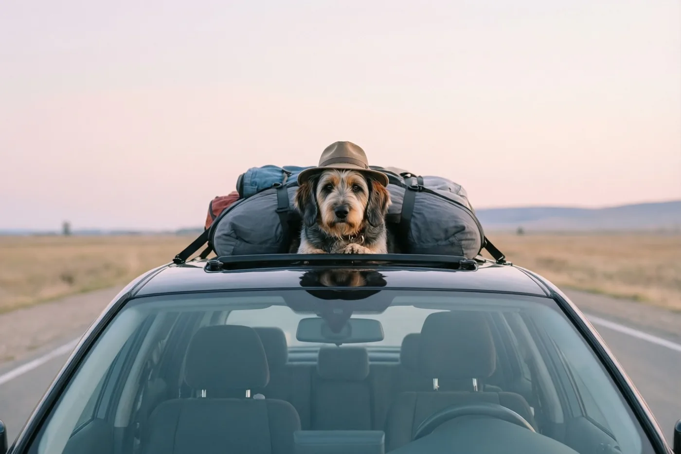 Een hond met een bruine hoed zit tussen bagage op de dakdrager van een auto die bij schemering door een weids landschap rijdt.