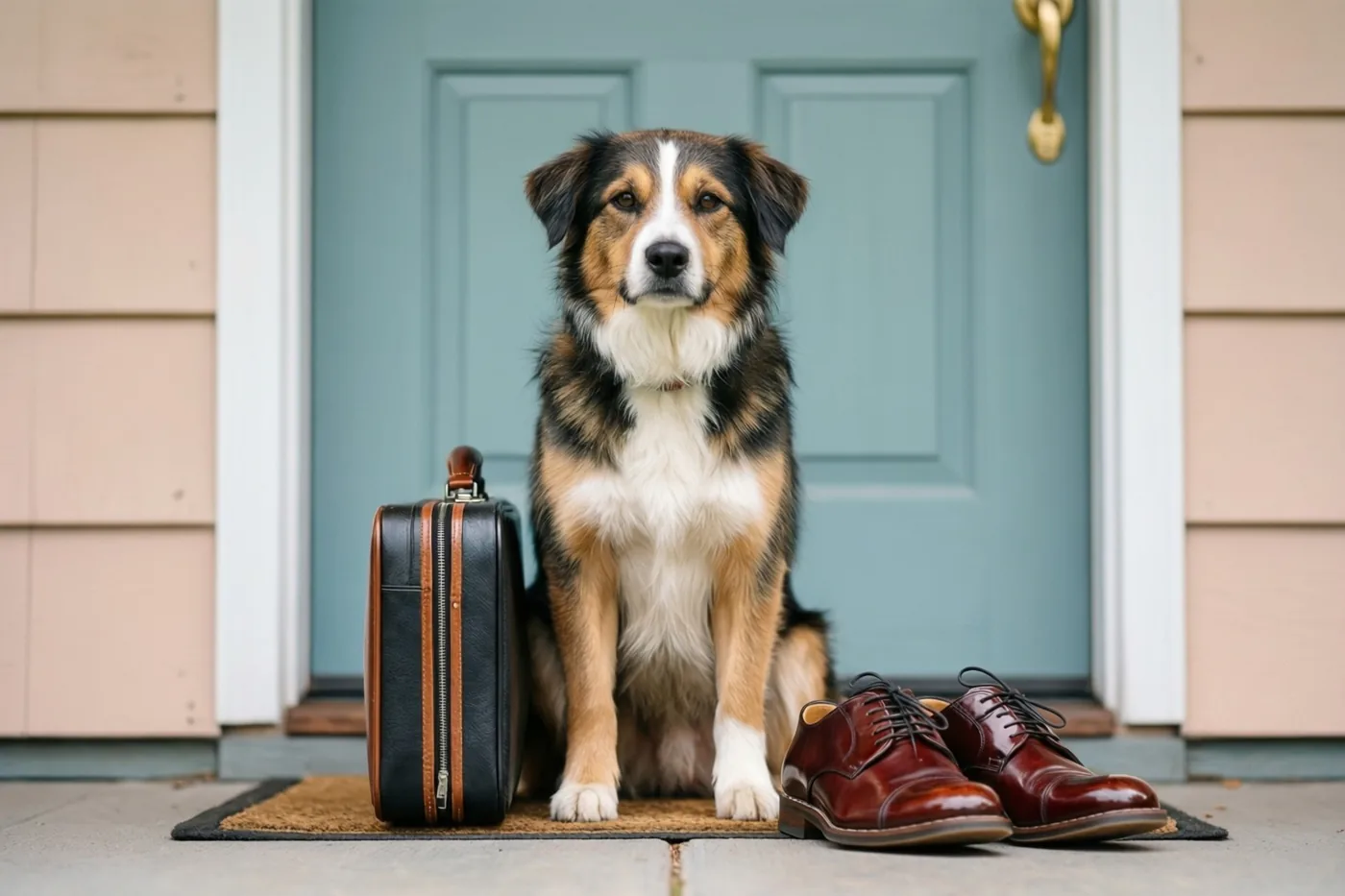 Een driekleurige hond zit op een deurmat voor een lichtblauwe deur naast een zwarte leren aktetas en opgepoetste bruine schoenen, met beige gevelbekleding op de achtergrond.