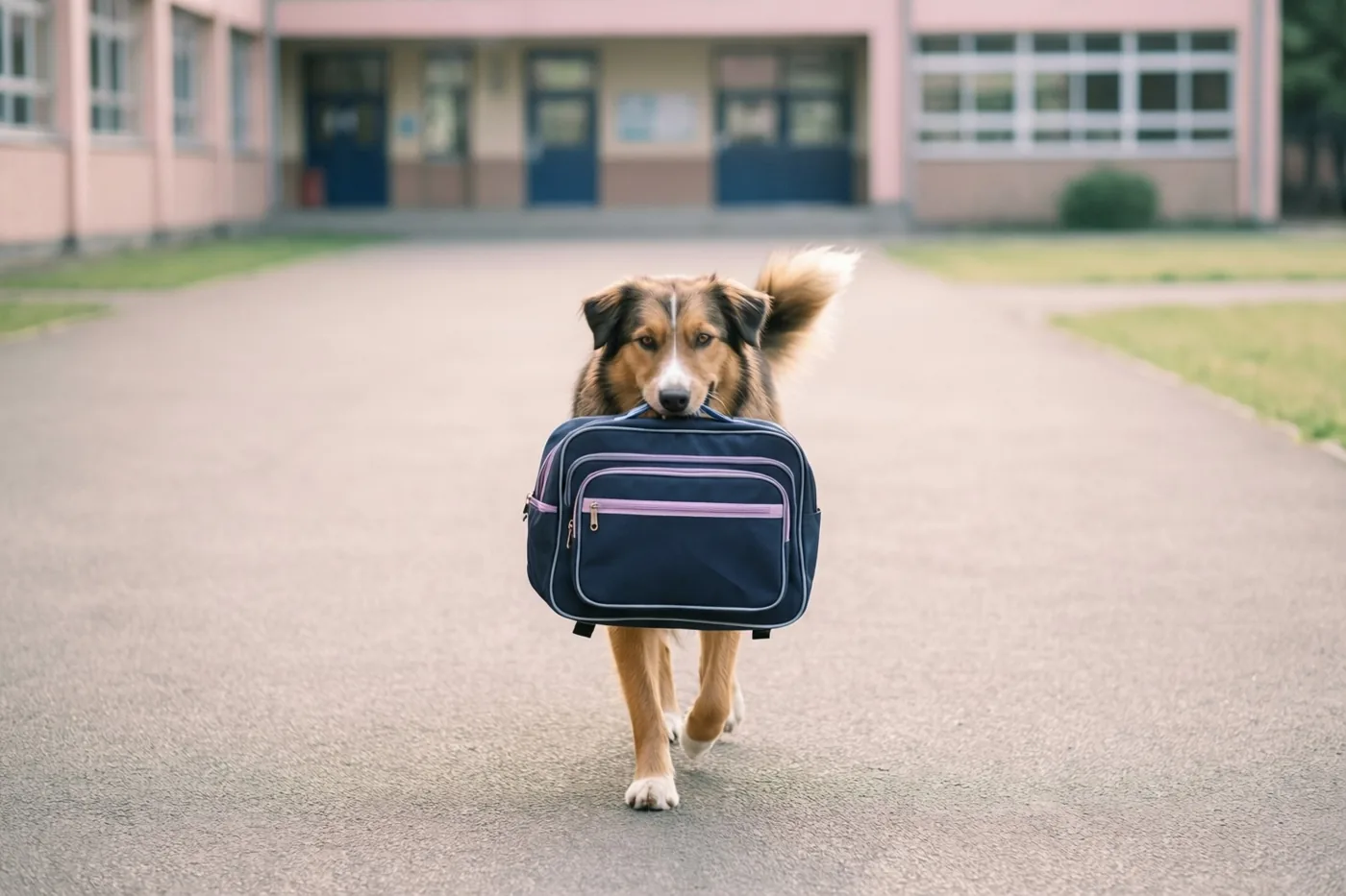 Een bruin-witte hond draagt een donkerblauwe boekentas met paarse boorden over een verharde speelplaats, met een rozig schoolgebouw op de achtergrond.