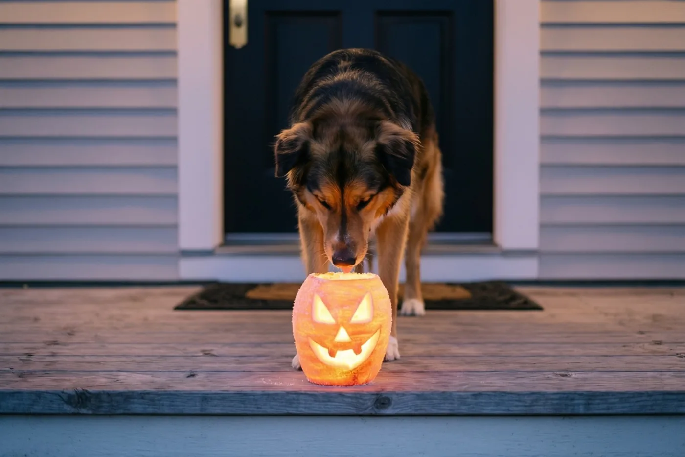 Een hond snuffelt bij valavond aan een brandende bietenlantaarn op een houten drempel voor een huis met lichtblauwe gevelbekleding en een donkere deur.