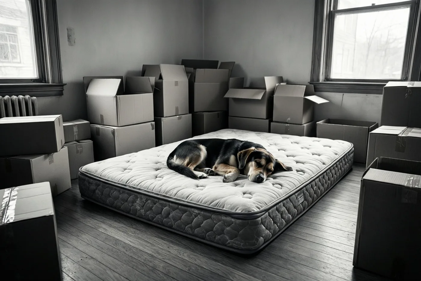 Een zwart-bruine hond slaapt op een kale matras in een verder lege kamer met ongeopende verhuisdozen en daglicht door twee ramen.