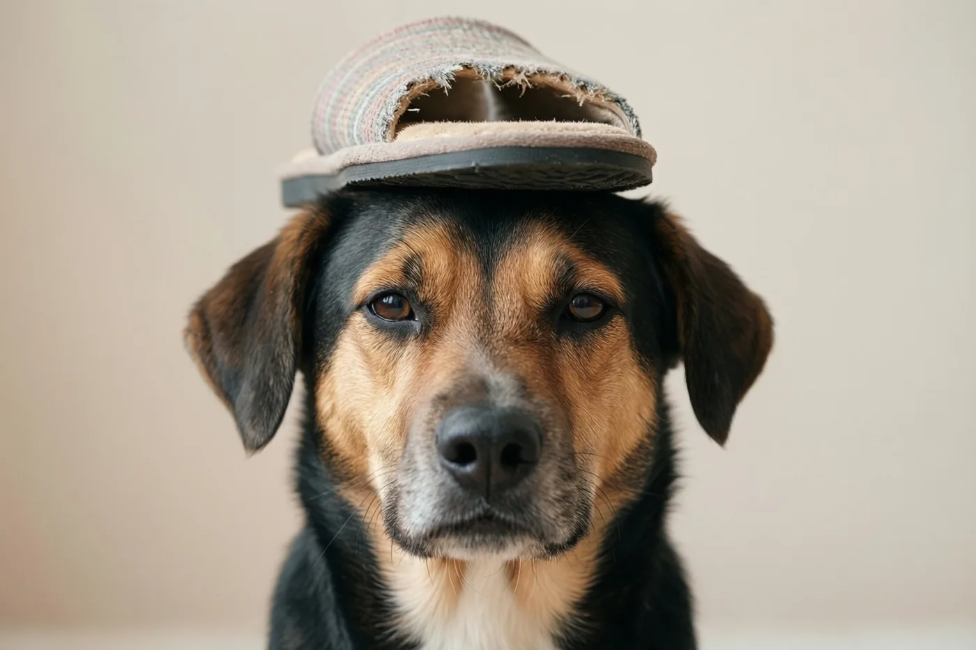 Een zwart-bruine hond kijkt met een schuldige blik naar de camera, met een kapotgekauwde pantoffel op zijn kop en een lichtbeige muur achter zich.