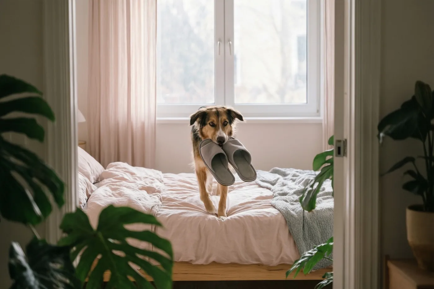 Door een open deur is een hond te zien die met een paar pantoffels in zijn bek op een bed met roze beddengoed staat, in zacht ochtendlicht met groene monsterabladeren op de voorgrond.