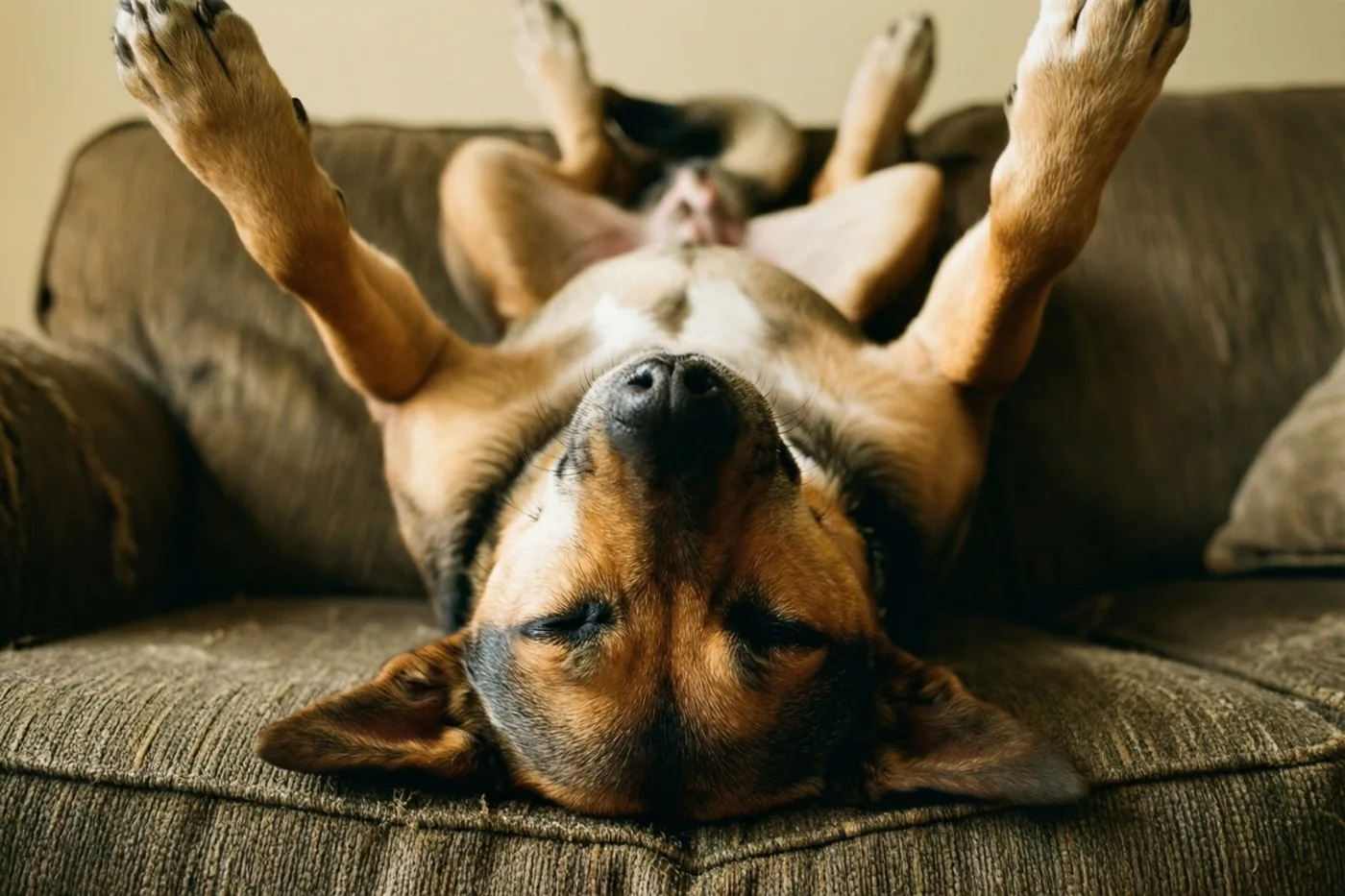 Een hond slaapt op zijn rug met zijn poten in de lucht op een bruine zetel in een warm getinte omgeving.