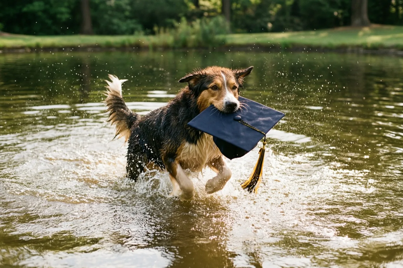 Een natte hond rent spattend uit een vijver met een afstudeerhoed in zijn bek en groen op de achtergrond.