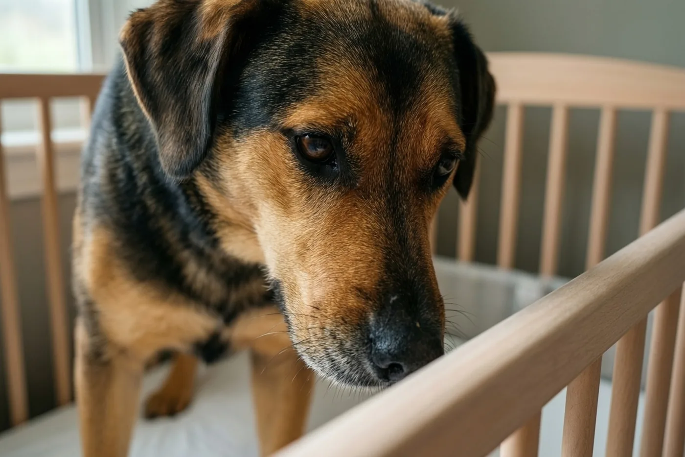 Een bruin-zwarte hond snuffelt aan de houten rand van een babybedje in een babykamer.