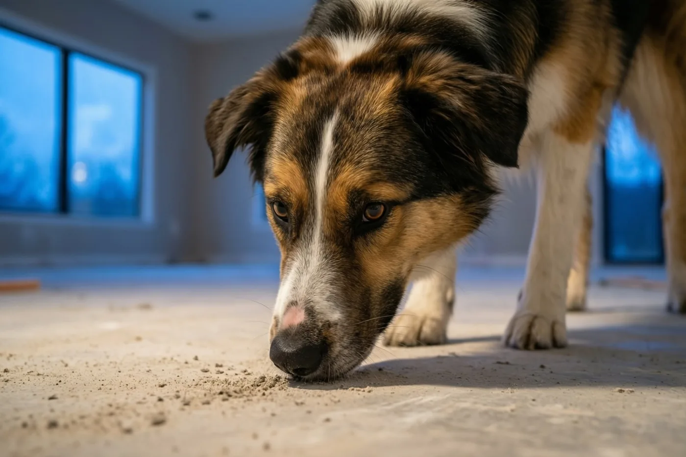 Een driekleurige hond met een witte bles snuffelt aan de stoffige vloer van een lege, pas gerenoveerde woonkamer met koelblauw licht door grote ramen.
