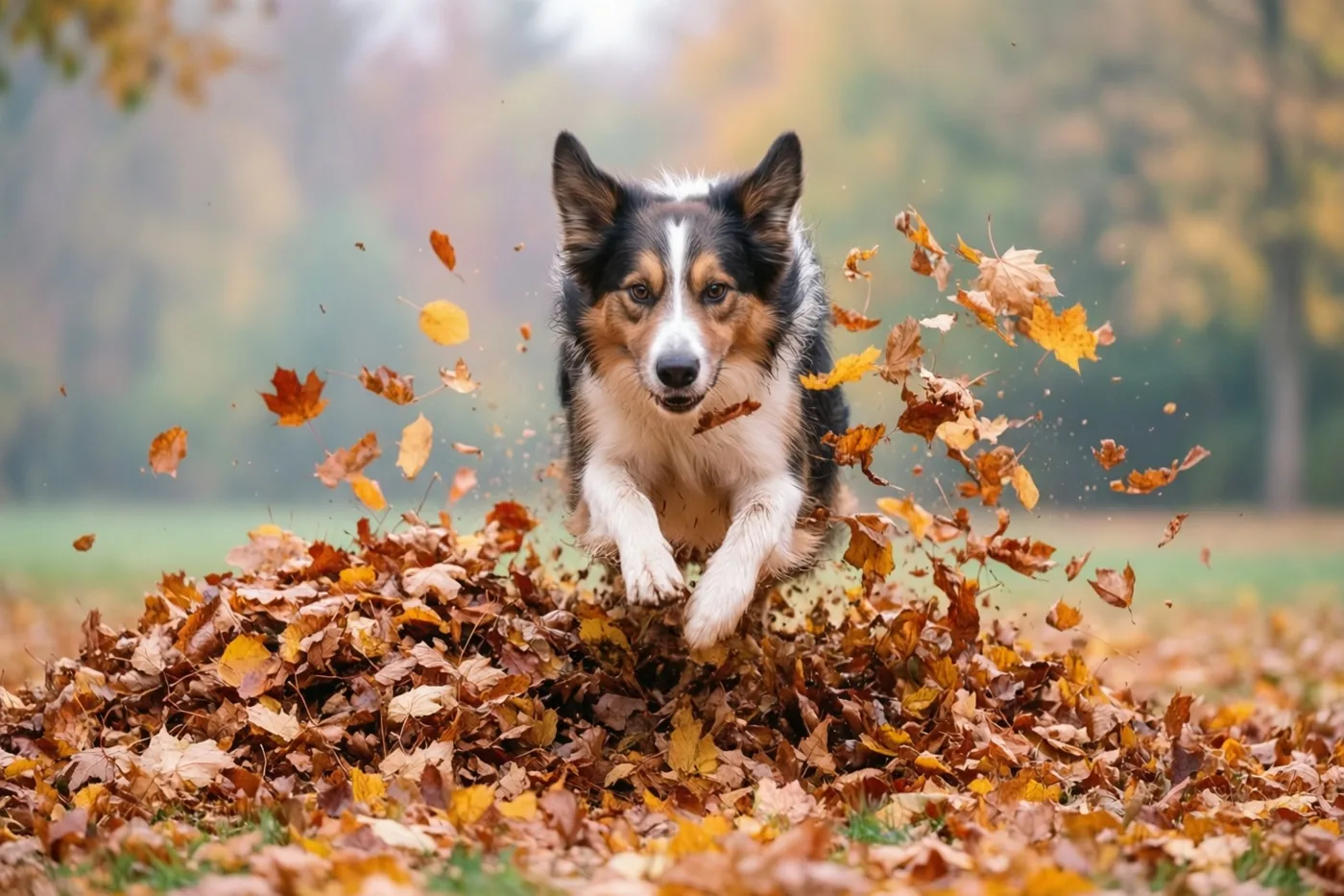 Een hond springt in een grote hoop herfstbladeren die de lucht in vliegen, in een veld met wazige bomen op de achtergrond.