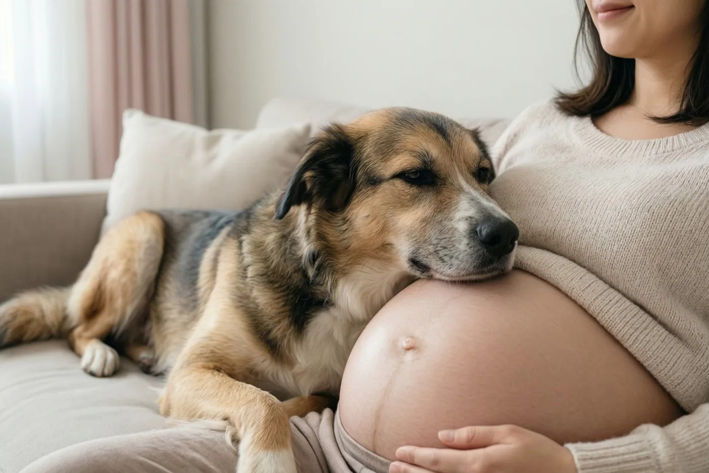 Een hond rust met zijn kop op de buik van een zwangere vrouw terwijl ze samen op een zetel zitten in zacht licht en neutrale tinten.