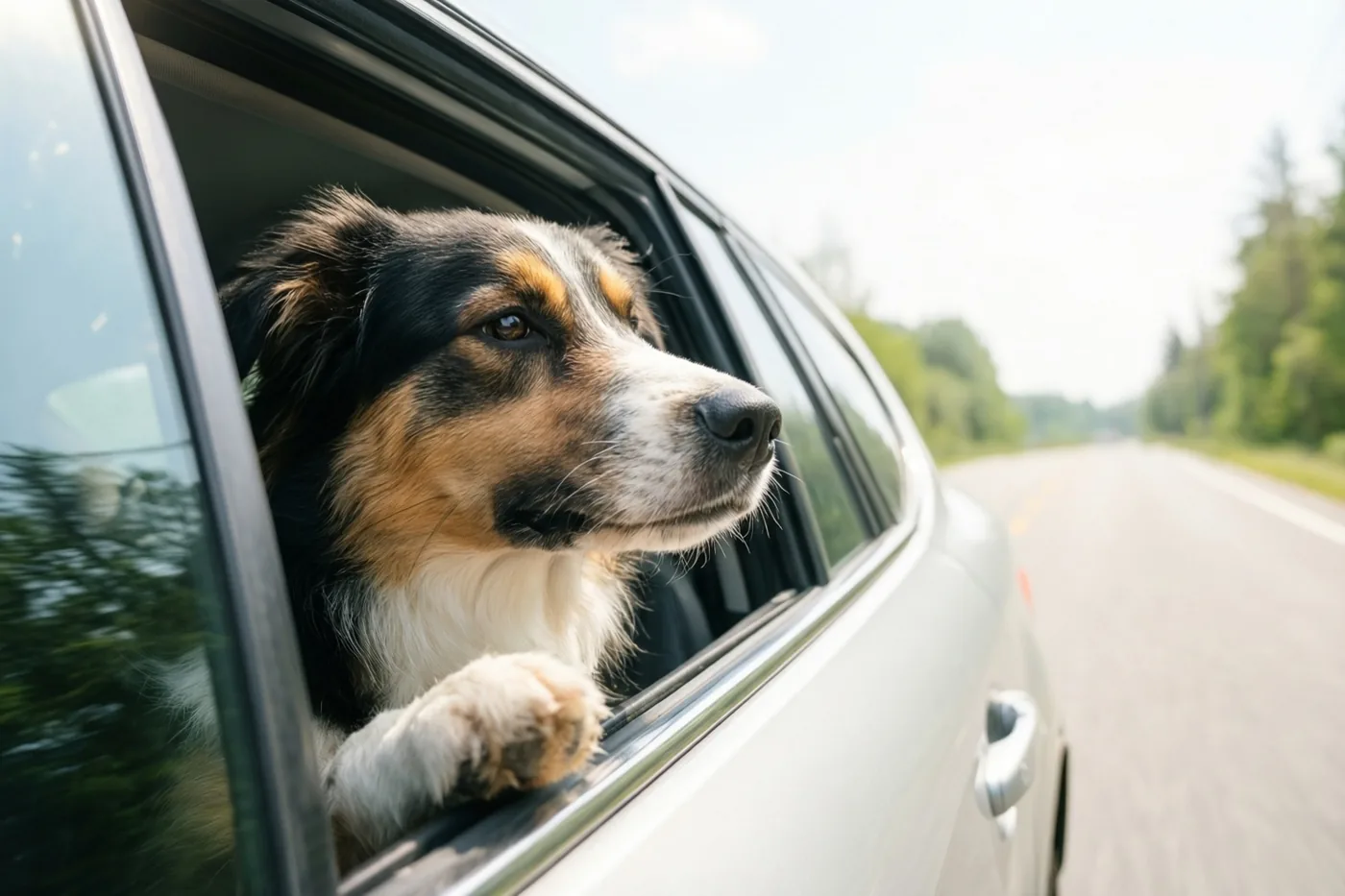 Een zwart-bruin-witte hond steekt zijn kop en een voorpoot uit het raam van een rijdende auto op een zonnige weg met bomen.