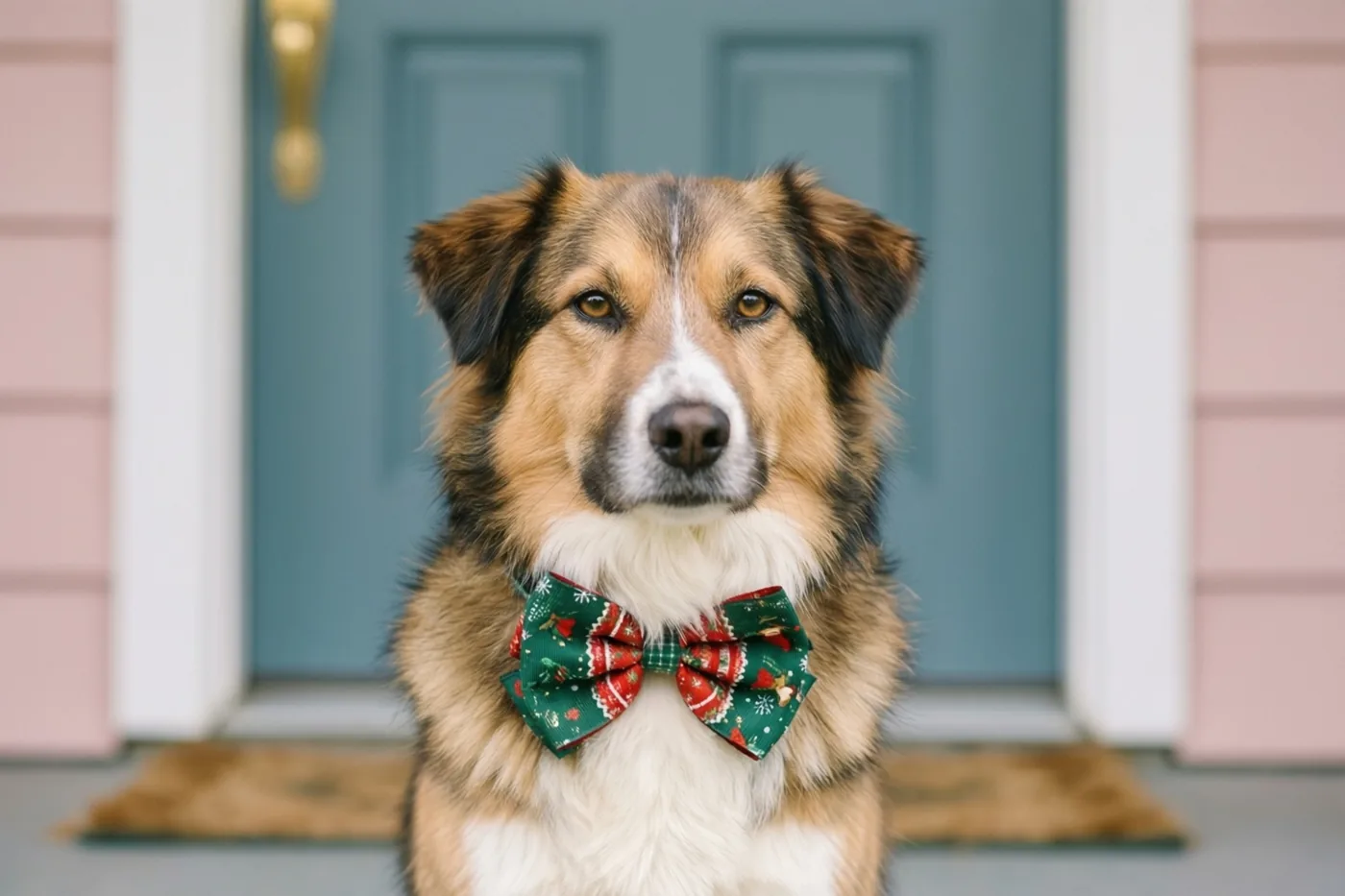 Een bruin-witte hond met een groen-rood strikje zit voor een blauwgroene deur op een veranda met roze gevelbekleding en een bruine deurmat.
