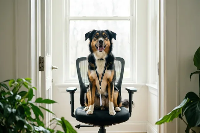 Een driekleurige hond zit trots op een zwarte bureaustoel voor een helder raam, met groene planten aan weerszijden.