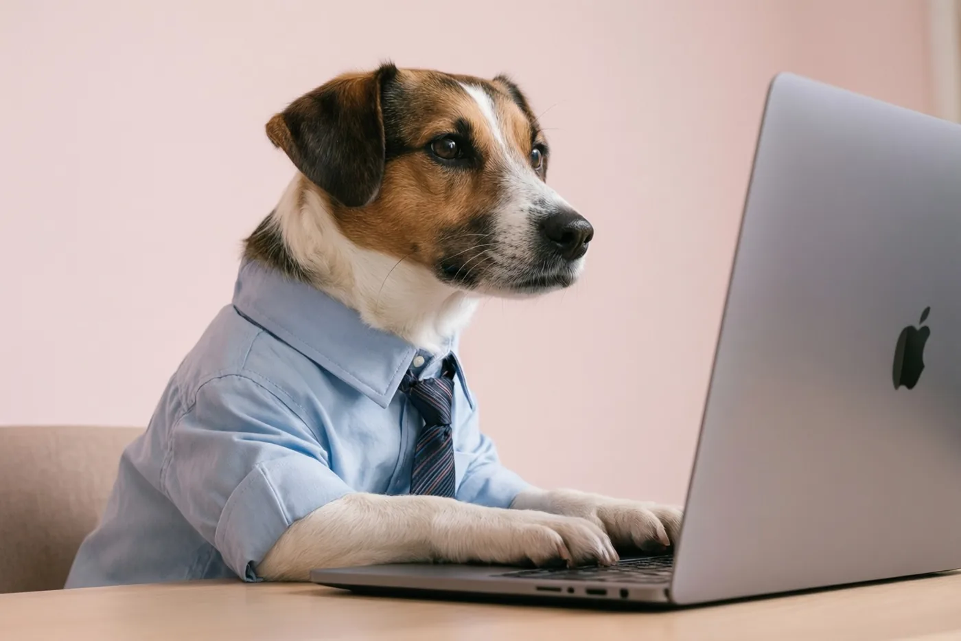 Een hond in een lichtblauw hemd en een gestreepte das zit aan een houten bureau met zijn poten op een zilverkleurige laptop, voor een lichtroze muur.