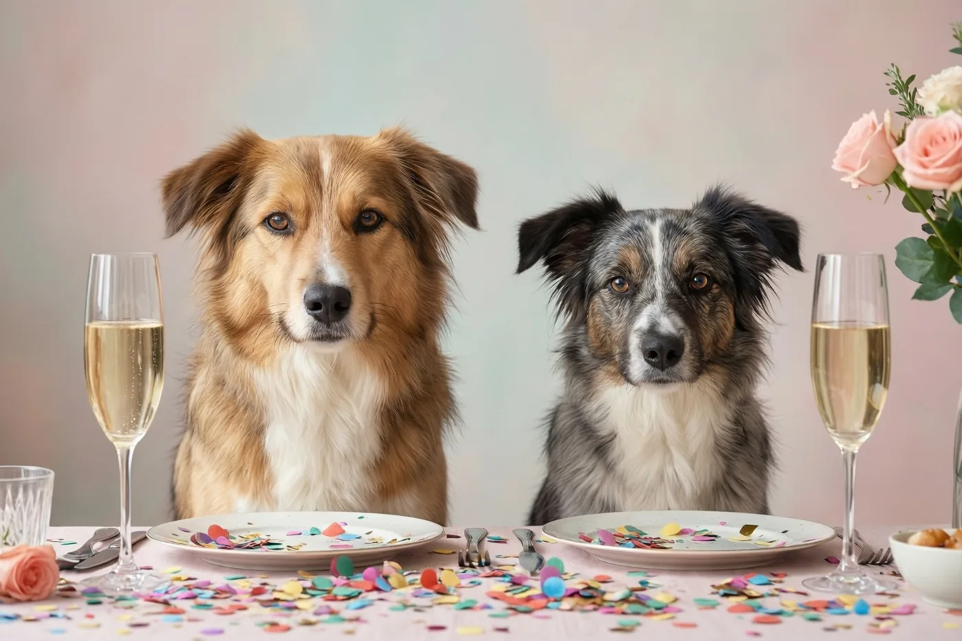 Twee honden zitten aan een feestelijk versierde tafel met champagneglazen en confetti, tegen een zachte pastelkleurige achtergrond met roze rozen.