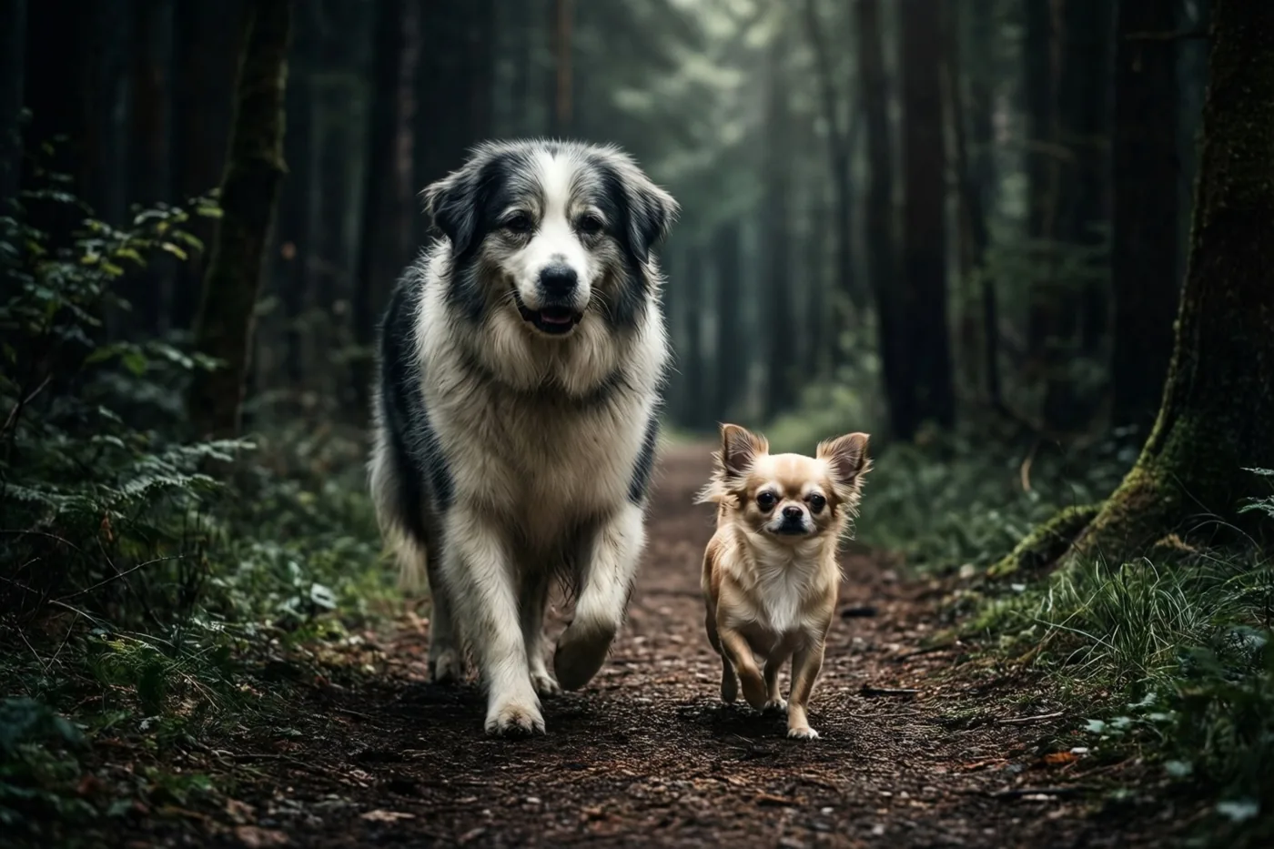 Een grote zwart-witte hond en een kleine lichtbruine chihuahua lopen naast elkaar op een pad door een mistig bos met mos en hoge bomen.