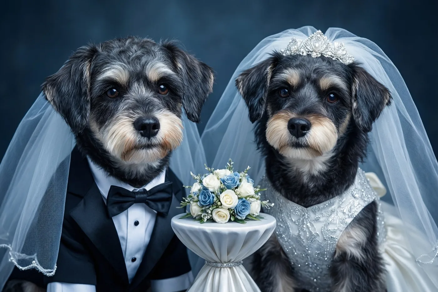 Twee honden, de ene in een smoking en de andere met een sluier en jurk, zitten aan een tafeltje met een bloemstuk tegen een donkerblauwe achtergrond.