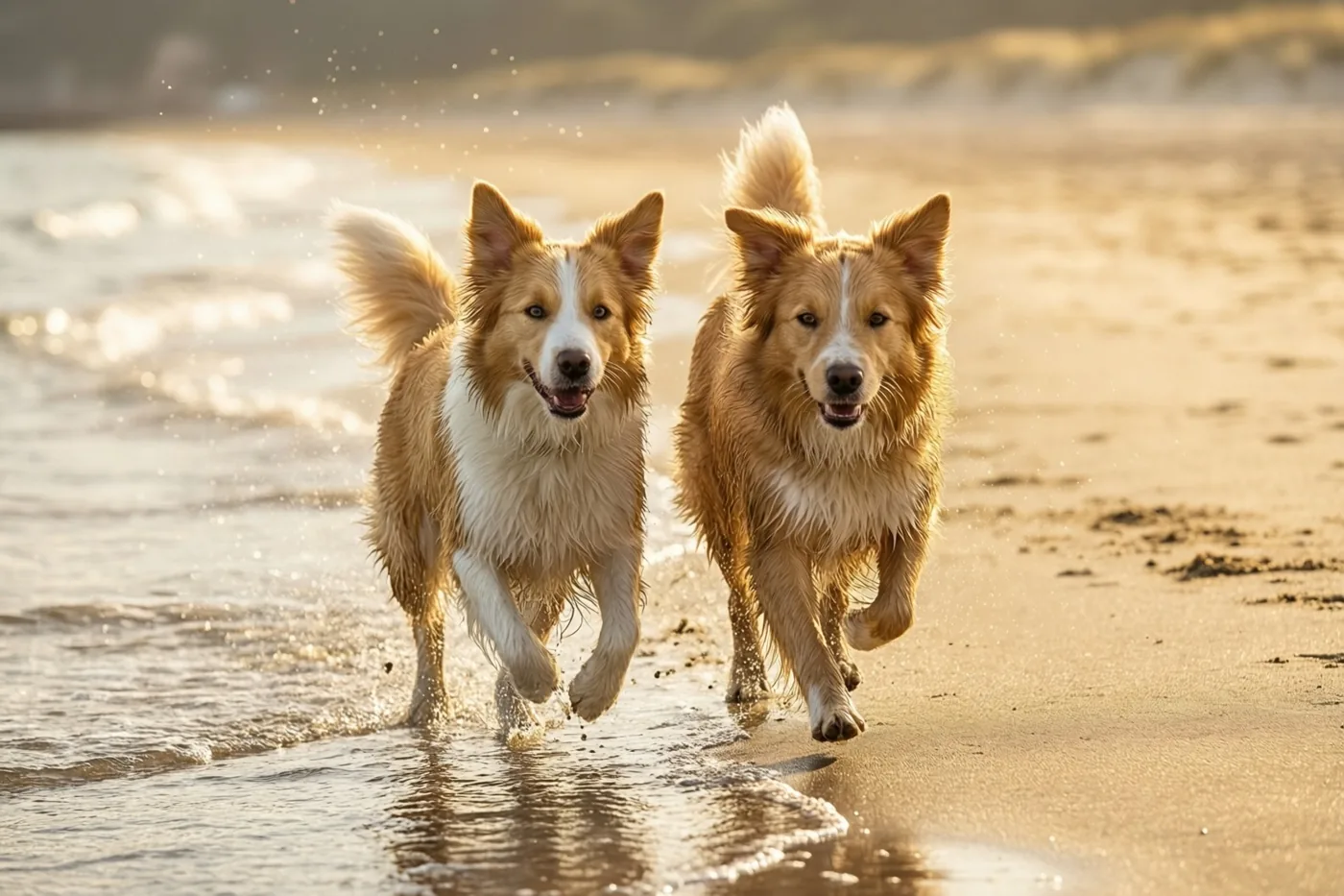 Twee honden met goudkleurige en witte vacht rennen naast elkaar langs de waterlijn op een breed zandstrand en spatten door ondiepe golven in warm zonlicht.