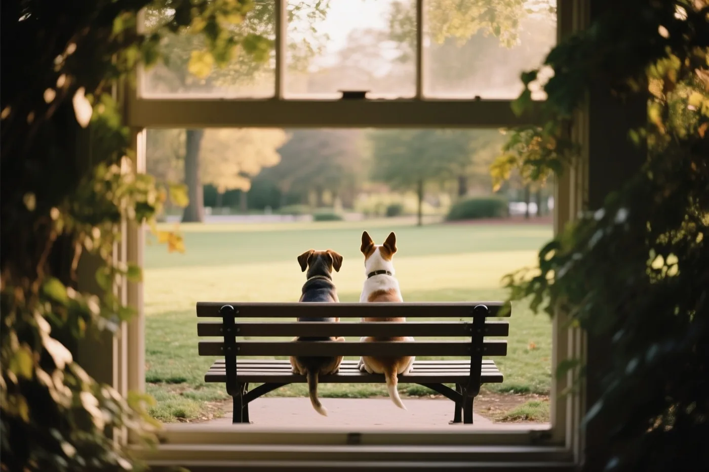Twee honden zitten naast elkaar op een houten bank, van achteren gezien, en kijken door een raamkader naar een park in warm gouden licht.