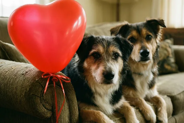Twee honden zitten op een bruine zetel met een grote rode hartvormige ballon aan de armleuning.