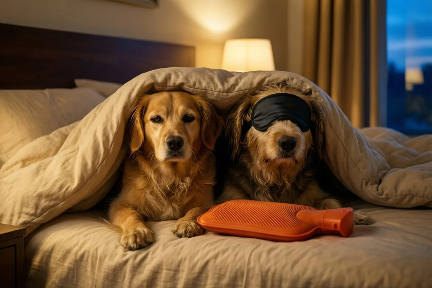 Twee honden liggen onder een dekbed, één met een zwart slaapmasker, met een oranje warmwaterkruik naast hen in een warm verlichte slaapkamer bij nacht.