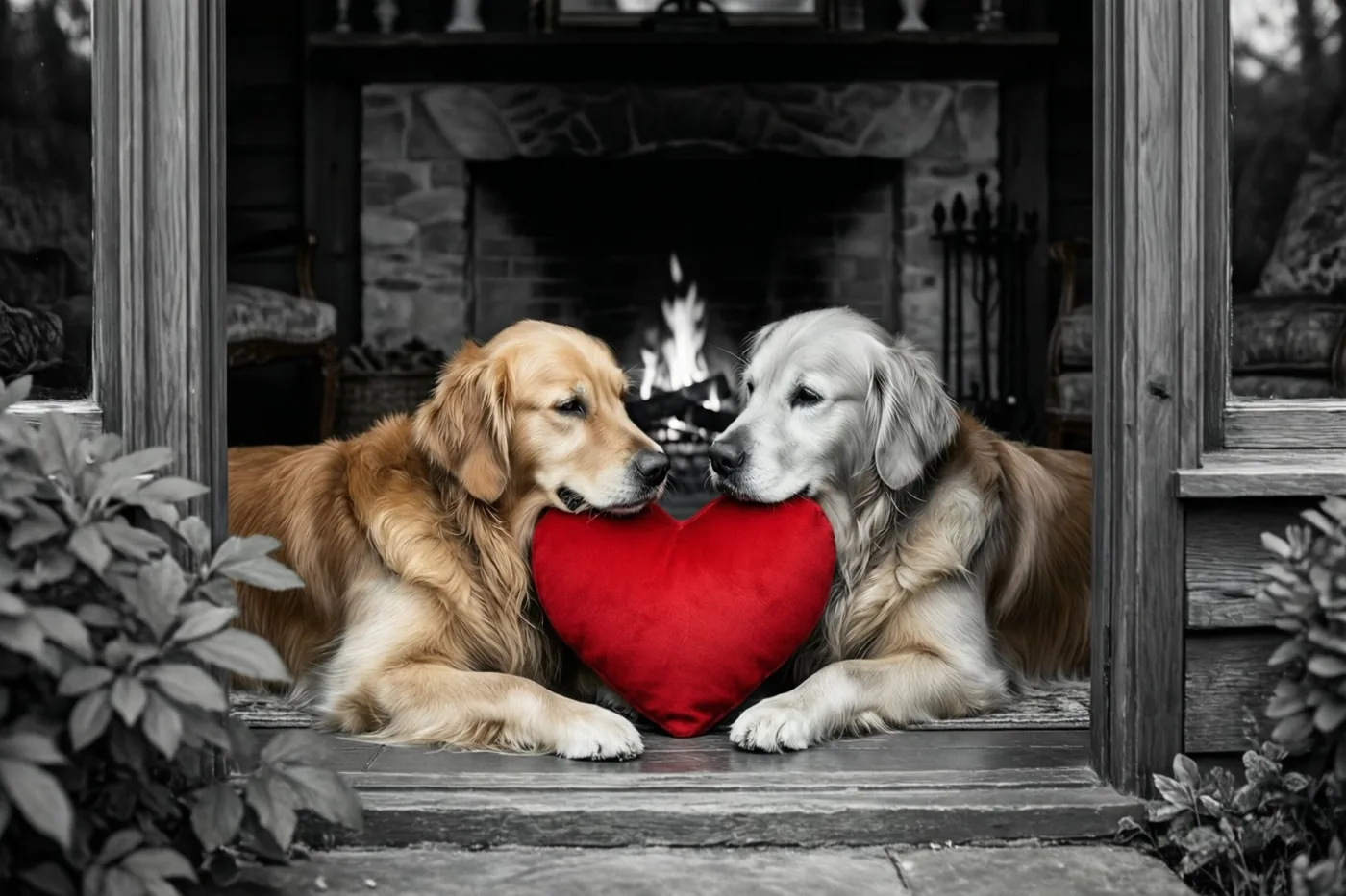 Twee golden retrievers liggen op een stenen trede voor een brandende stenen haard en houden samen een rood hartvormig kussen vast, omlijst door een houten deuropening in een verder zwart-witbeeld.