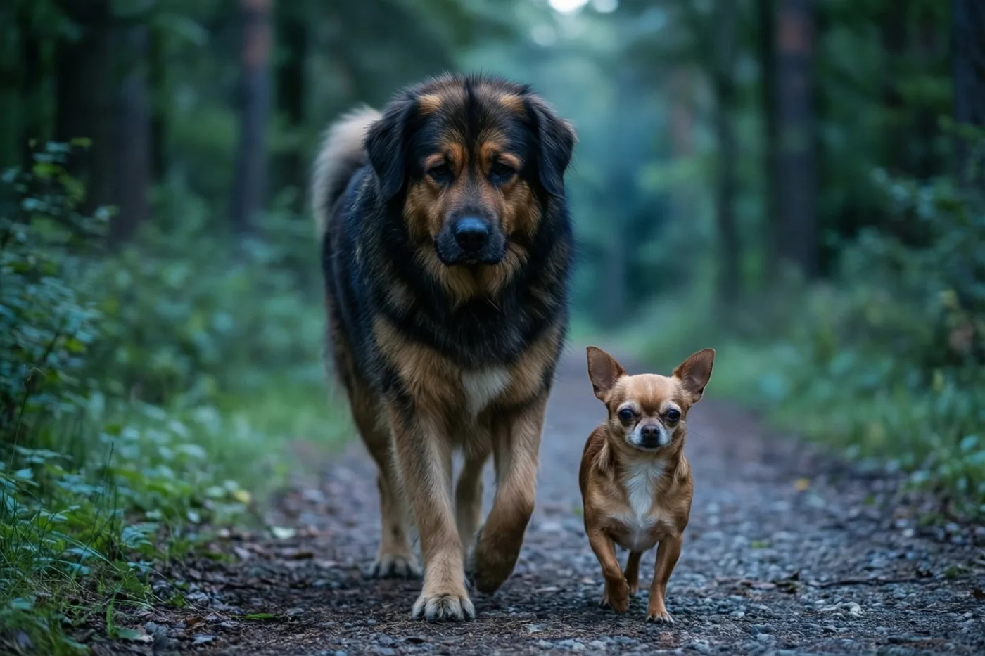 Een grote, pluizige hond en een kleine chihuahua lopen naast elkaar op een grindpad door een weelderig groen bos in zacht daglicht.