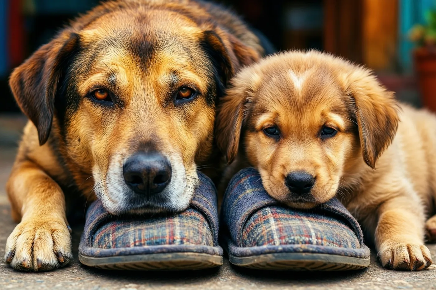 Een volwassen hond en een puppy liggen met hun kop op geruite herenpantoffels op een vloer met structuur, met een zacht onscherpe achtergrond.