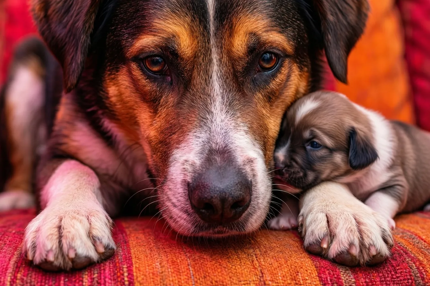 Een bruin-witte moederhond ligt op een rood-oranje gestreepte zetel met haar kop dicht bij een kleine puppy die naast haar rust.