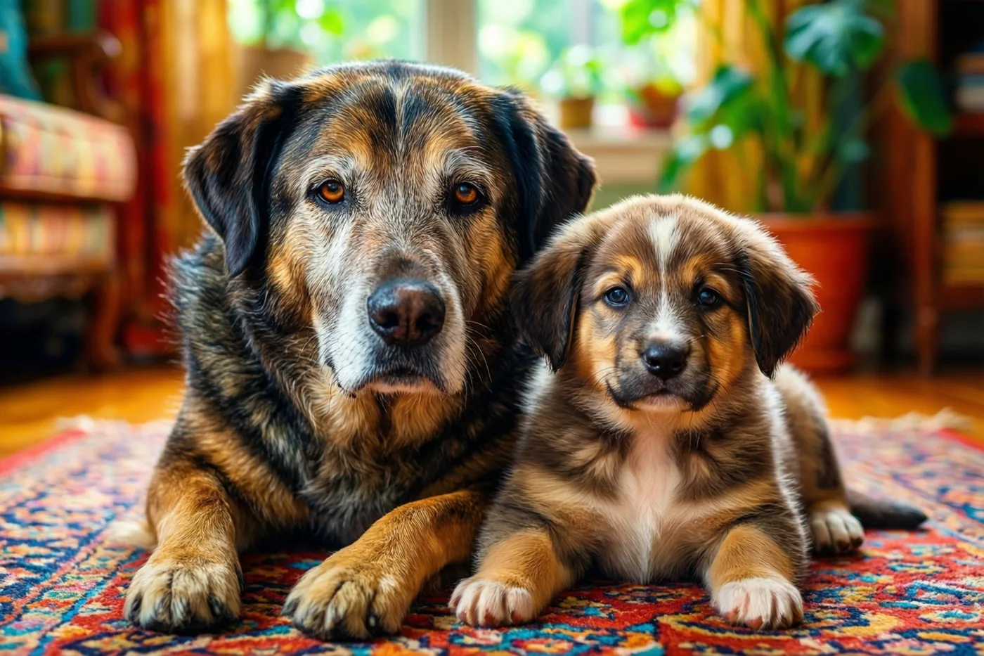 Een volwassen hond en een puppy liggen naast elkaar op een kleurrijk vloerkleed met een patroon, met natuurlijk licht uit een raam op de achtergrond.