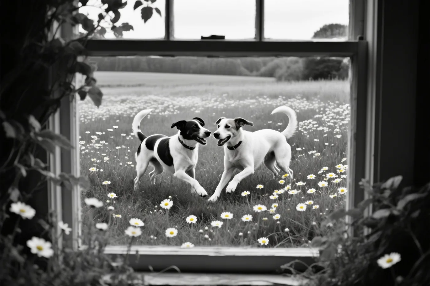 Door een raamkozijn zijn twee spelende honden in een weide te zien, in zwart-wit met alleen de madeliefjes in kleur.