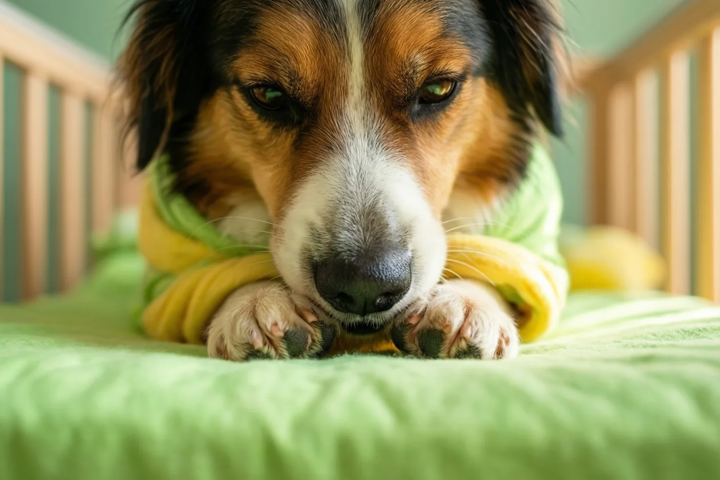 Een hond rust met zijn kop op een groene deken, met zijn poten op de voorgrond en houten spijlen van een babybed op de achtergrond.