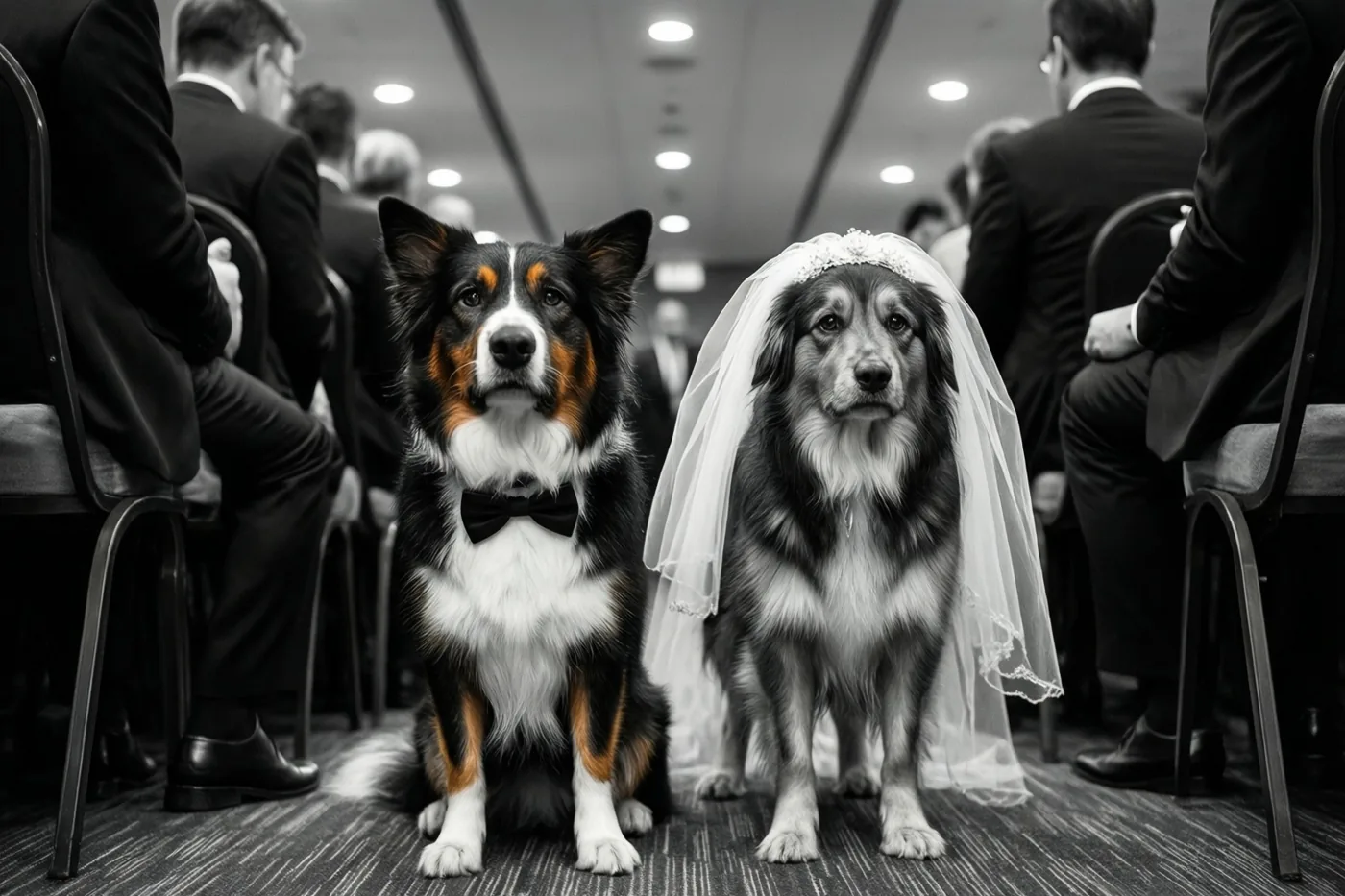 Op een zwart-witfoto zitten twee honden met een strikje en een sluier aan het einde van een trouwgang, omringd door zittende gasten in feestkleding.