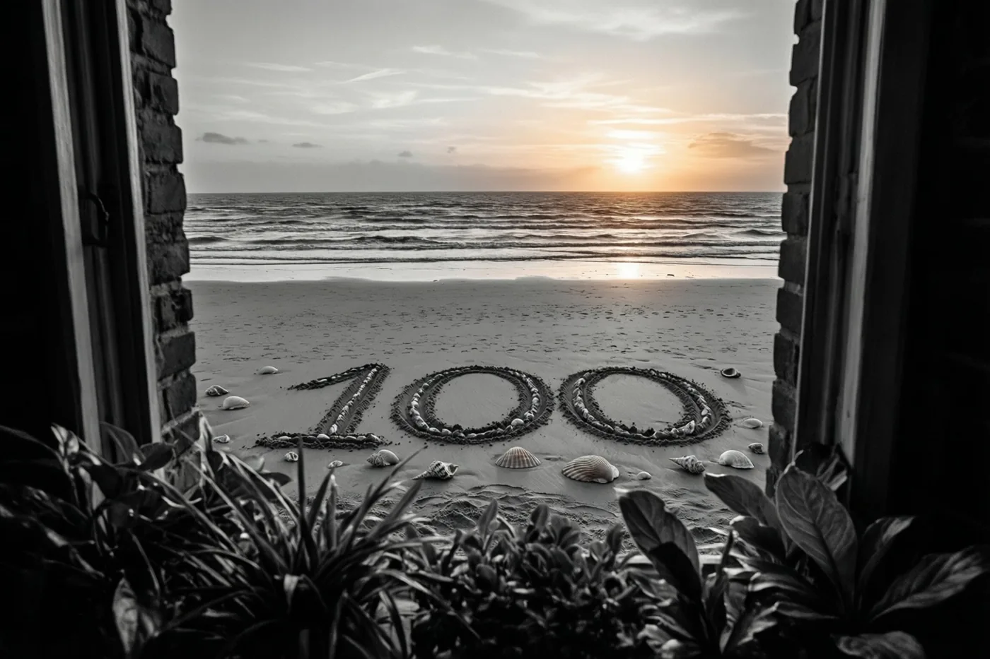 Door een raam tussen bakstenen muren en planten is 100 in het strandzand te zien, in zwart-wit met warme zonsondergangstinten in de lucht.