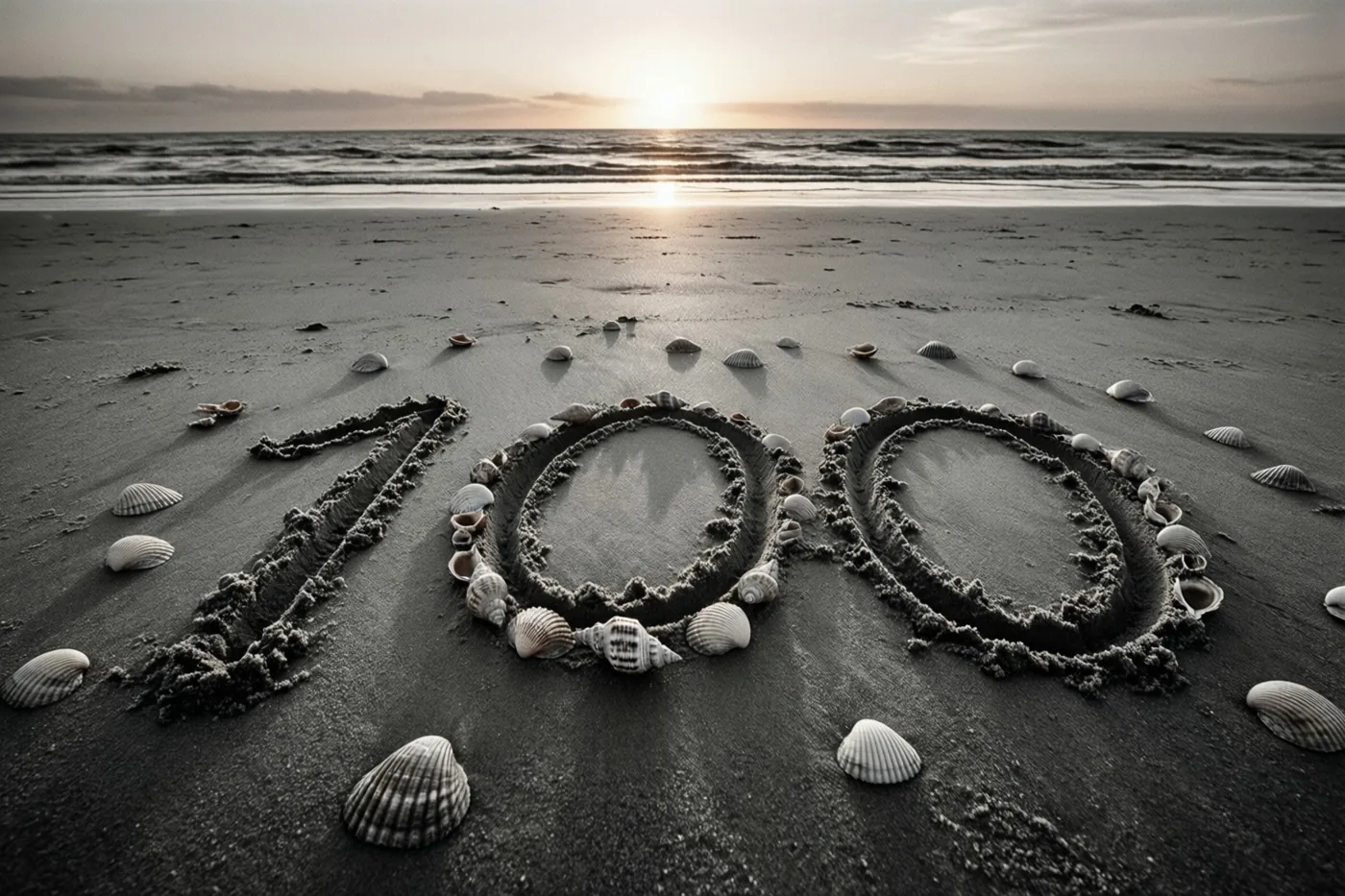 Het getal 100 is in het strandzand getekend tussen schelpen bij zonsondergang, in gedempte tinten met warm zonlicht.