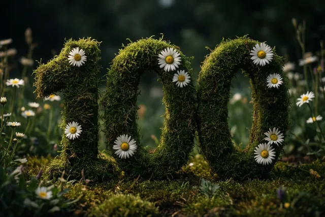 Het getal 100 is gemaakt van mos en versierd met madeliefjes in een landelijke tuin.