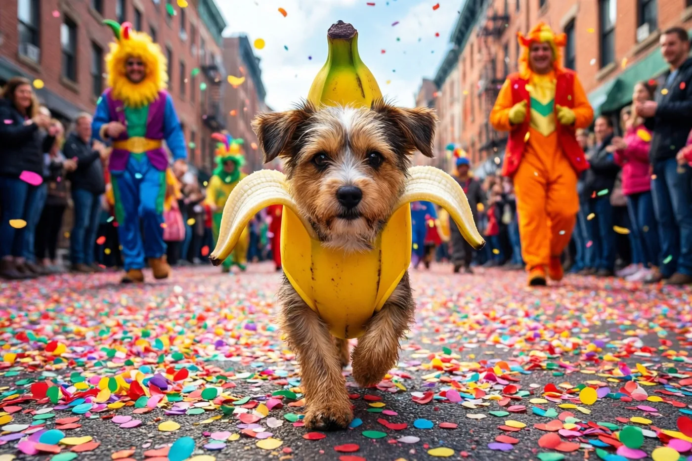 Een kleine hond in een bananenkostuum draaft over een straat vol kleurrijke confetti, met verklede mensen op de achtergrond.