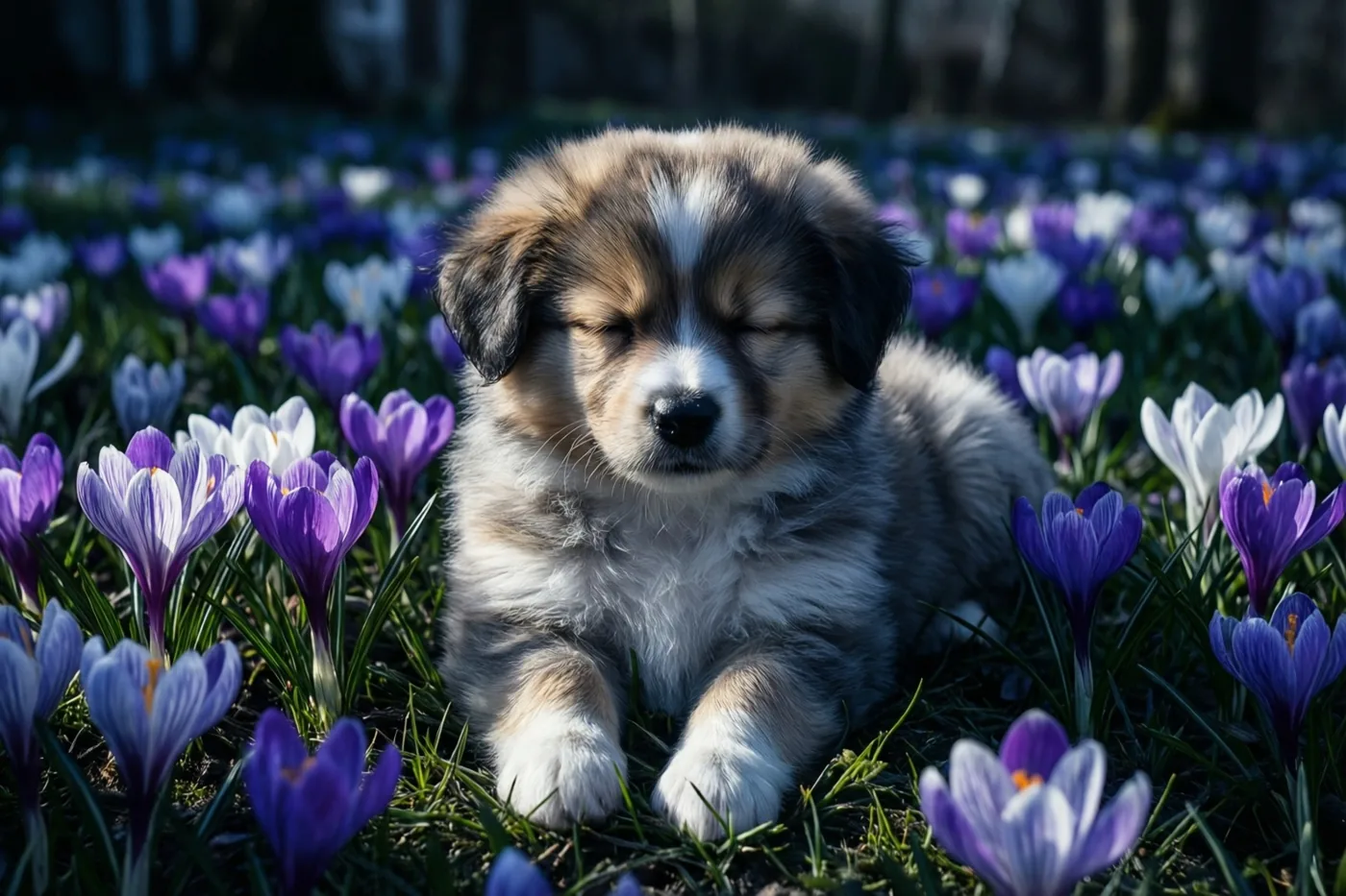 Een pluizige puppy ligt met gesloten ogen tussen paarse en witte krokussen in een grasveld in fel zonlicht, met een zachte natuurlijke achtergrond.