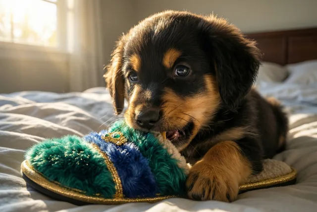 Een zwart-bruin puppy ligt op een onopgemaakt bed en kauwt op een kleurrijke, pluizige pantoffel in het warme ochtendlicht van een raam.