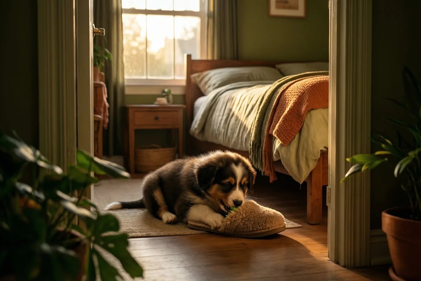 Een driekleurig puppy kauwt op een pluizige pantoffel op de houten vloer bij een slaapkamerdeur, met daarachter groene muren, een onopgemaakt houten bed en ochtendlicht door een raam.